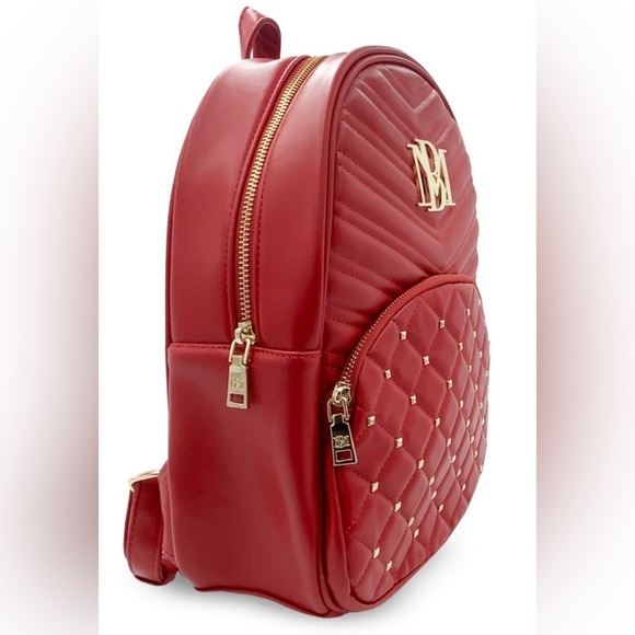NEW! Badgley Mischka Red Diamond Quilted Gold Studded Vegan Leather Backpack NWT